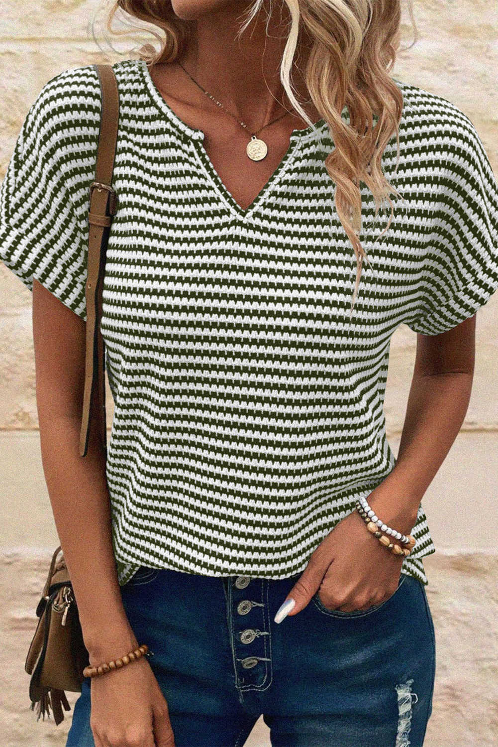 Green Stripe Textured Knit Notched Neck Cuffed Short Sleeve Top