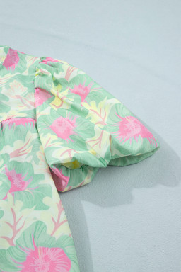 Green Short Bubble Sleeve Summer Floral Blouse
