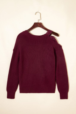 Burgundy Lace Bowknot Asymmetric Neck Sweater