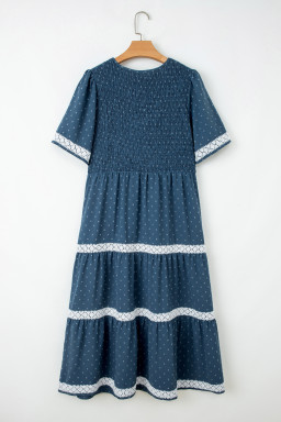Dusk Blue Plus Size V Neck Swiss Dot Lace Patchwork Detail Flared Midi Dress