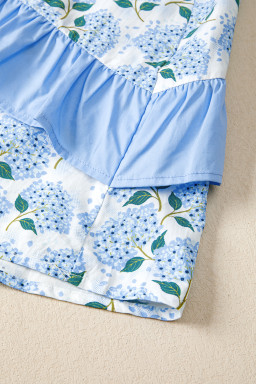 Sky Blue Hydrangea Floral Print Ruffle Trim Flutter Sleeve Long Dress