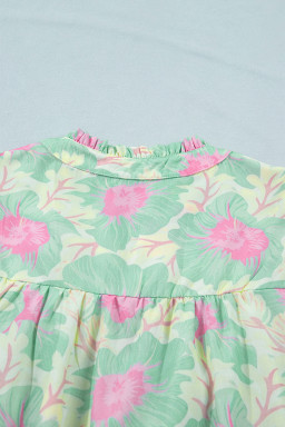 Green Short Bubble Sleeve Summer Floral Blouse