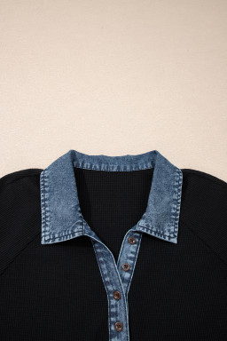 Black Plus Size Textured Contrast Denim Patchwork Button Polo Tee