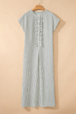 Black Stripe Frilled Detail Half Buttons Short Sleeve Long Dress