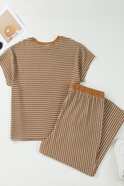 Khaki Stripe Plus Size Striped Colorblock Pocket Lounge Set