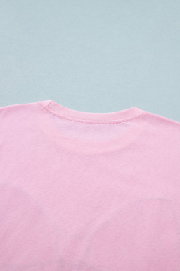 Pink Leopard Bow Embroidered Cotton Round Neck T Shirt