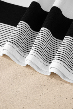 Black Stripe Mixed Print Crew Neck Cap Sleeve T Shirt