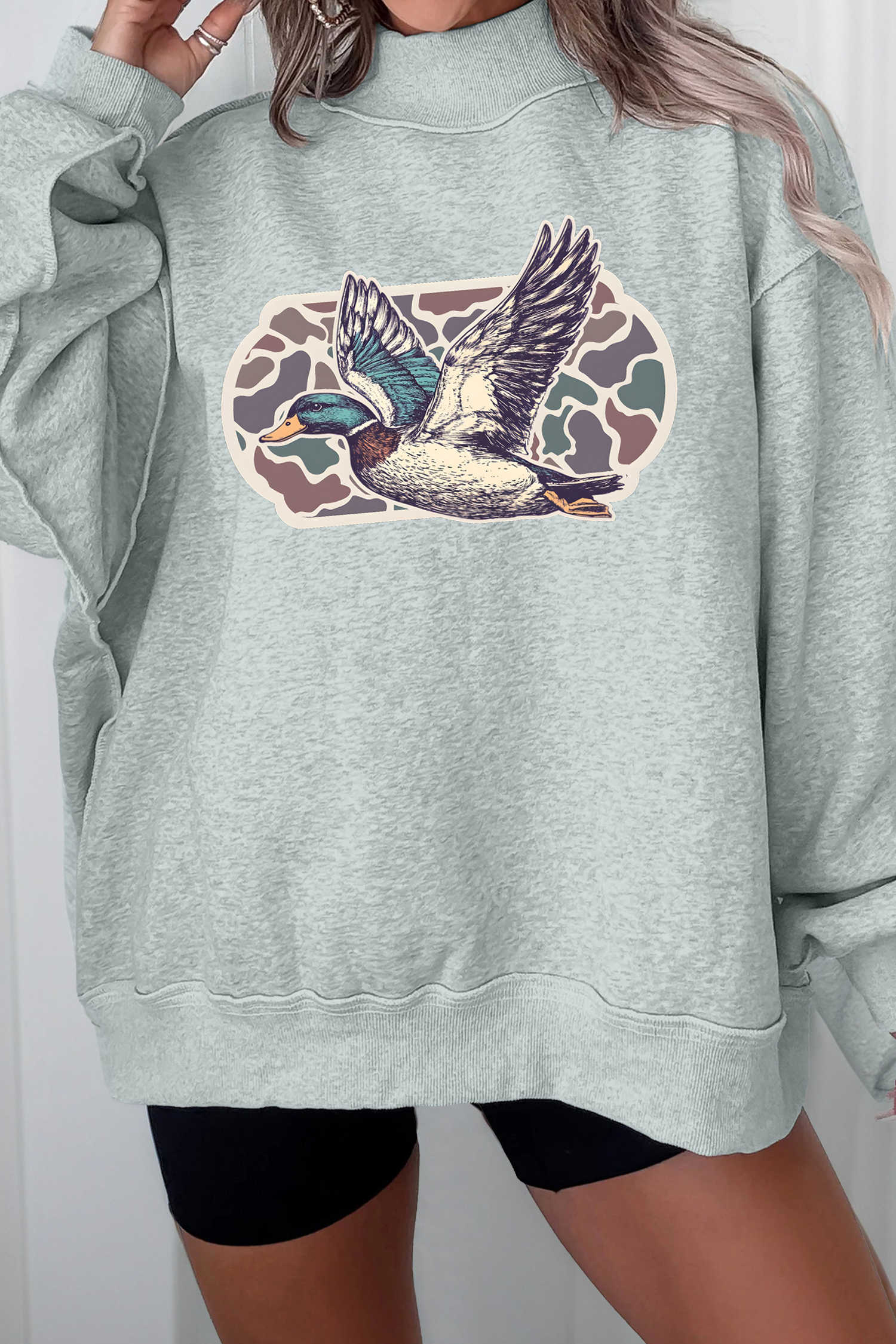 Gray Mallard Duck Camouflage Print Mock Neck Sweatshirt