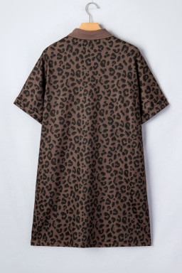 Brown Leopard Print Contrast Collar V-Neck Mini Dress