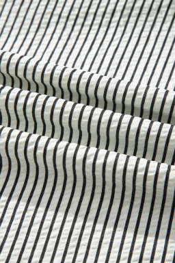 Black Stripe Frilled Detail Half Buttons Short Sleeve Long Dress