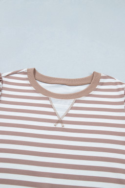 Orange Stripe Ribbed Trim Round Neck Short Puff Sleeve Plus T Shirt