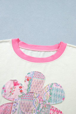 Beige Plus Size Floral Patchwork Short Sleeve Patch Embroidery Cotton T Shirt