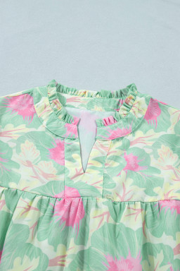Green Short Bubble Sleeve Summer Floral Blouse