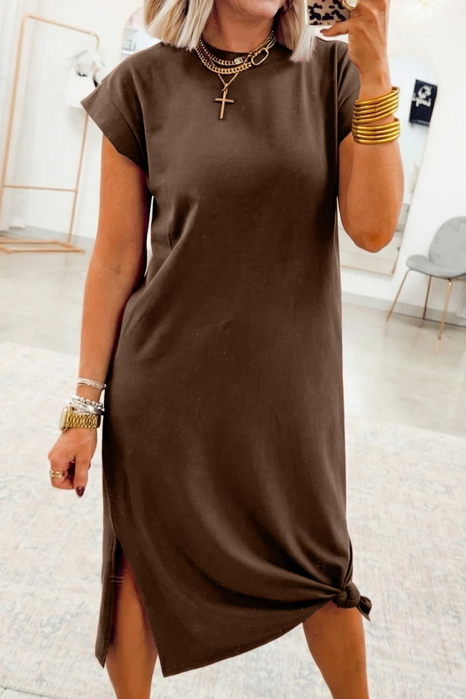 Red Sandalwood Solid Color Long T Shirt Dress with Slits