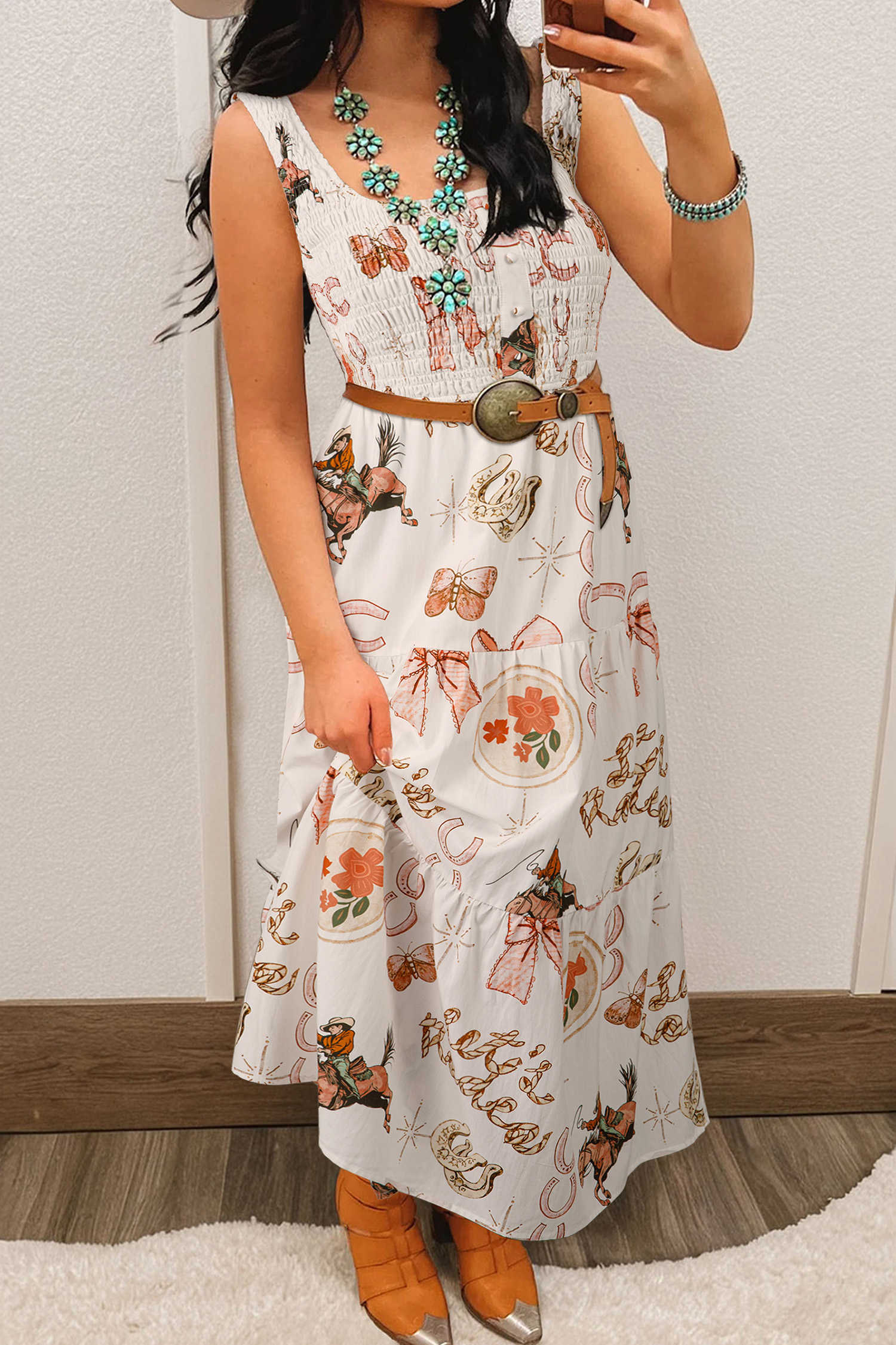 White Western Horseshoe Print U-Neck Sleeveless Midi Dress