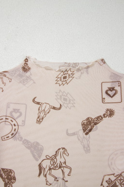 Oatmeal Western Print Slim Fit Mesh Long Sleeve Mock Neck Top
