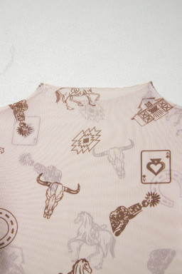 Oatmeal Western Print Slim Fit Mesh Long Sleeve Mock Neck Top