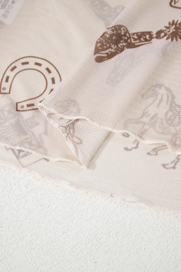 Oatmeal Western Print Slim Fit Mesh Long Sleeve Mock Neck Top