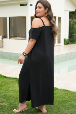 Black Asymmetric Shoulder Detail Short Sleeve Plus Size Maxi Dress