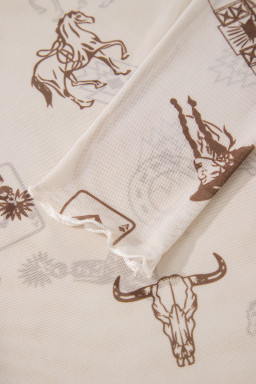 Oatmeal Western Print Slim Fit Mesh Long Sleeve Mock Neck Top