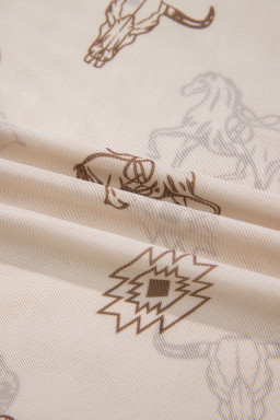 Oatmeal Western Print Slim Fit Mesh Long Sleeve Mock Neck Top