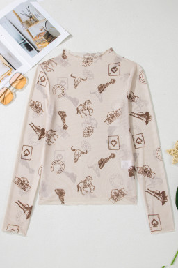 Oatmeal Western Print Slim Fit Mesh Long Sleeve Mock Neck Top