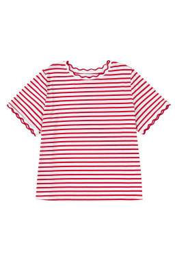 Red Stripe Plus Size Scalloped Trim Round Neck Short Sleeve Top