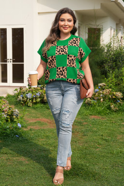 Green Plus Size Leopard Contrasted Checkered Short Sleeve Sweater