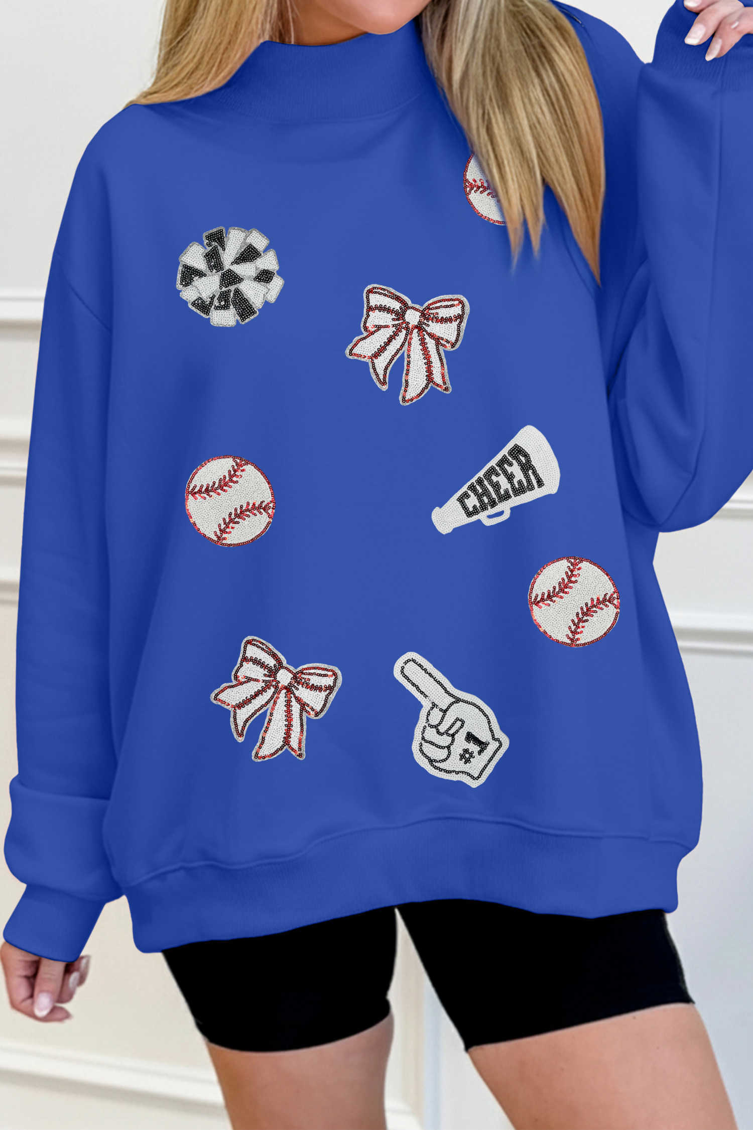 Dark Blue Sequin Baseball Game Day Elements Mock Neck Sweatshirt