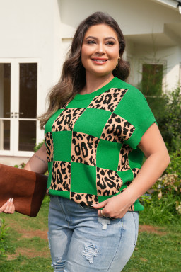 Green Plus Size Leopard Contrasted Checkered Short Sleeve Sweater
