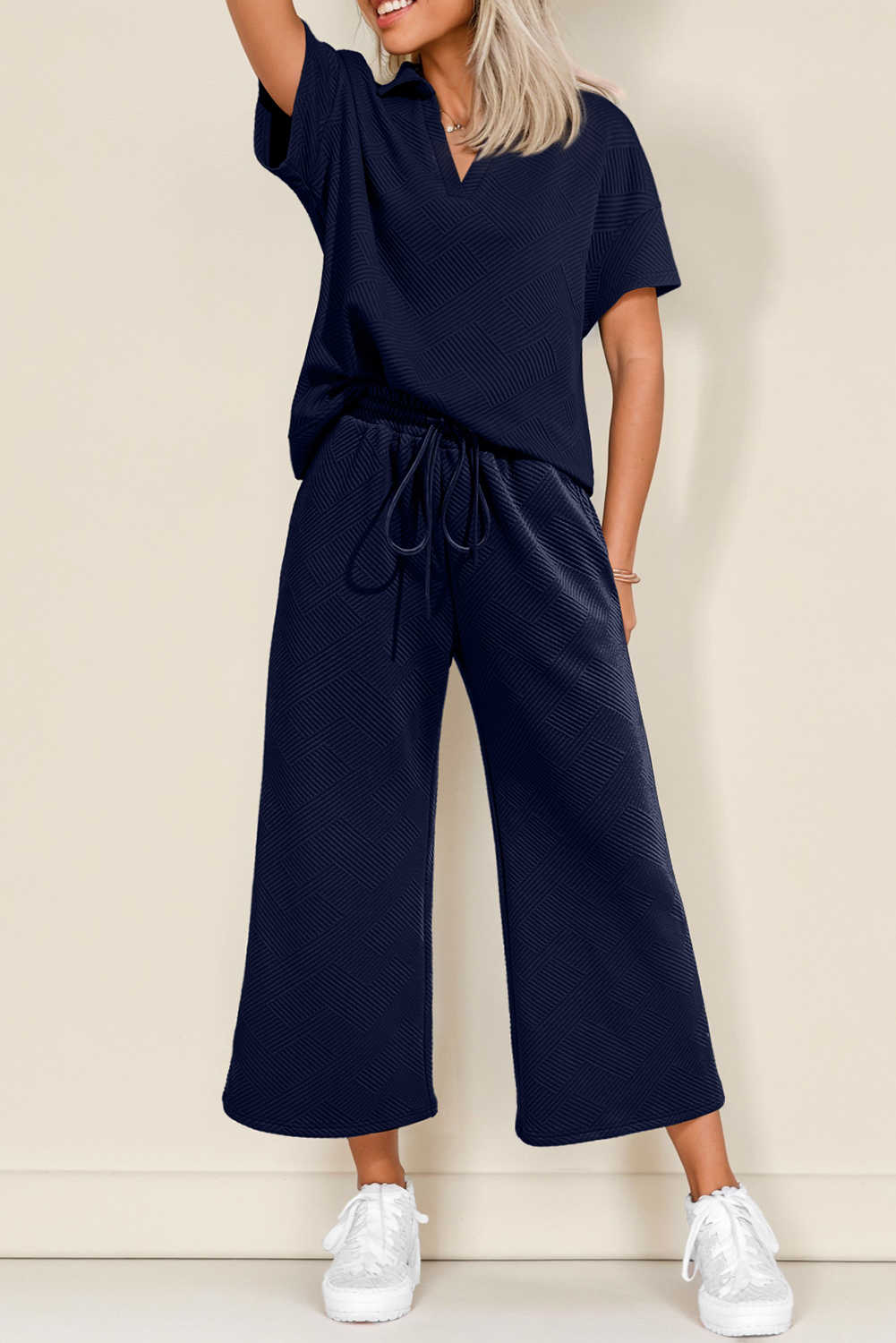 Navy Blue Stylish Textured Loose Fit T Shirt and Drawstring Pants Set