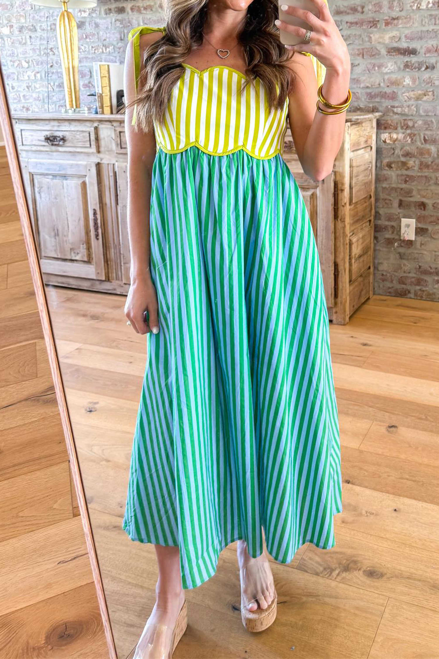 Green Stripe Scalloped Contrast Patchwork Knot Strap Midi Dress