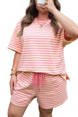 Rose Stripe Boxy Tee Drawstring Elastic Waist Plus Size Short Set