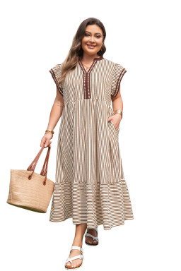 Brown Stripe Plus Size Slit V Neck Tiered Flutter Sleeve Maxi Dress