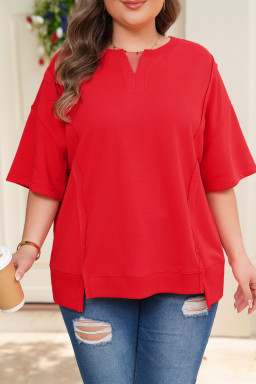Fiery Red Plus Size Solid Color Notched Neck Seam Detail Patchwork Short Sleeve Top