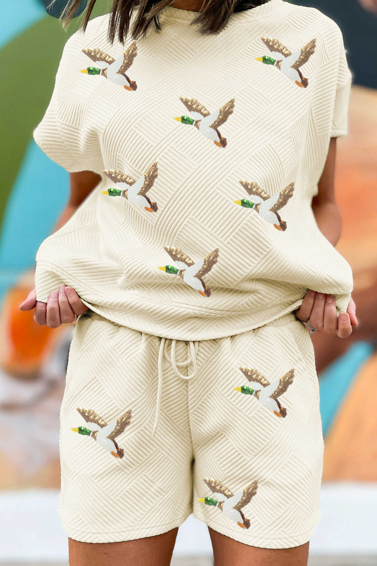 Apricot Stylish Textured Sequin Flying Mallard 2pcs Short Set