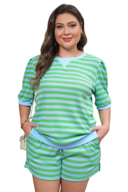 Green Stripe Plus Size Colorblock Detail Puff Sleeve Top Drawstring Shorts 2pcs Outfit