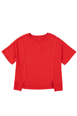 Fiery Red Plus Size Solid Color Notched Neck Seam Detail Patchwork Short Sleeve Top
