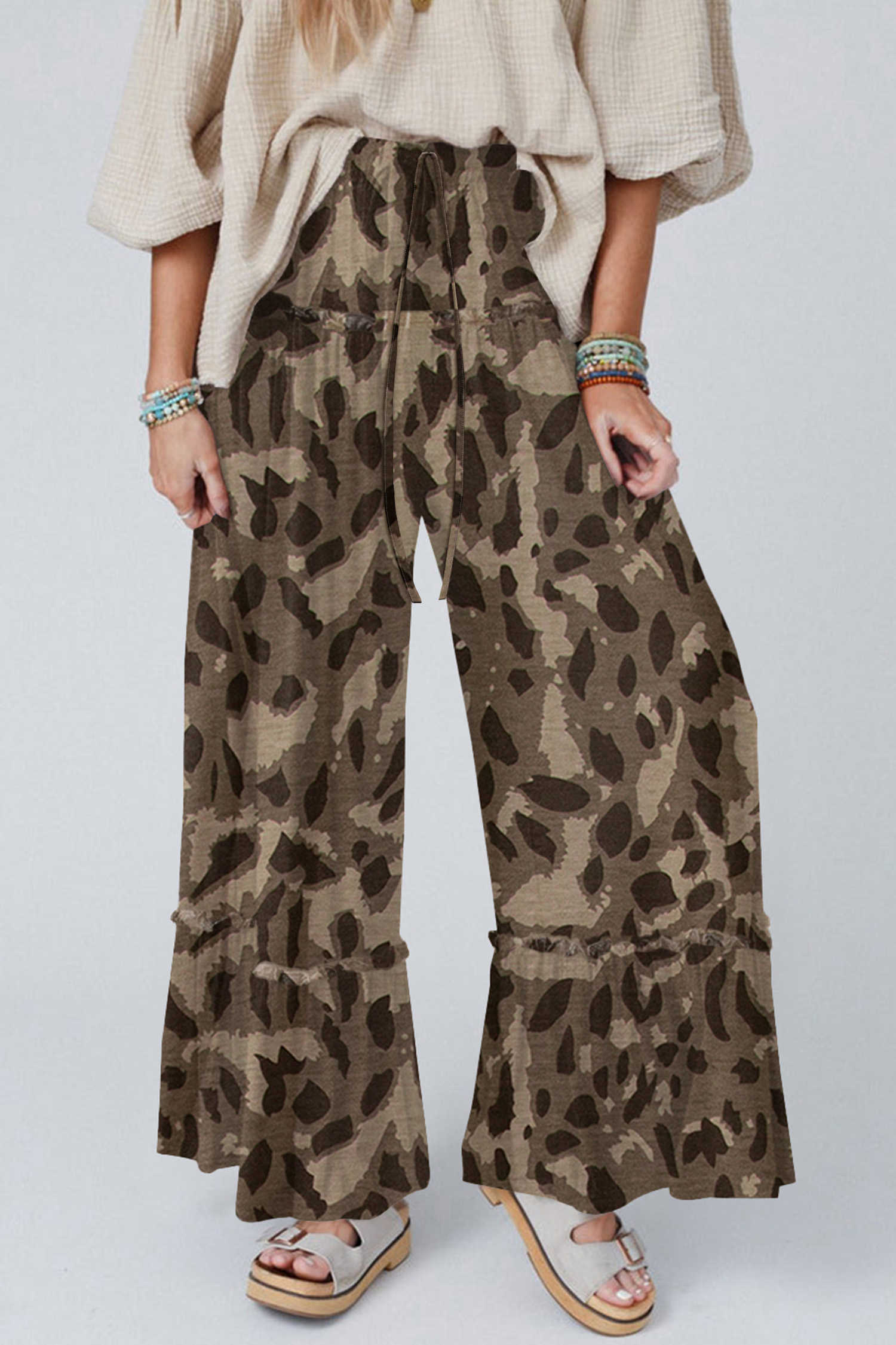 Brown Camo Print Wide Leg Casual Pants