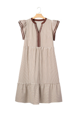 Brown Stripe Plus Size Slit V Neck Tiered Flutter Sleeve Maxi Dress