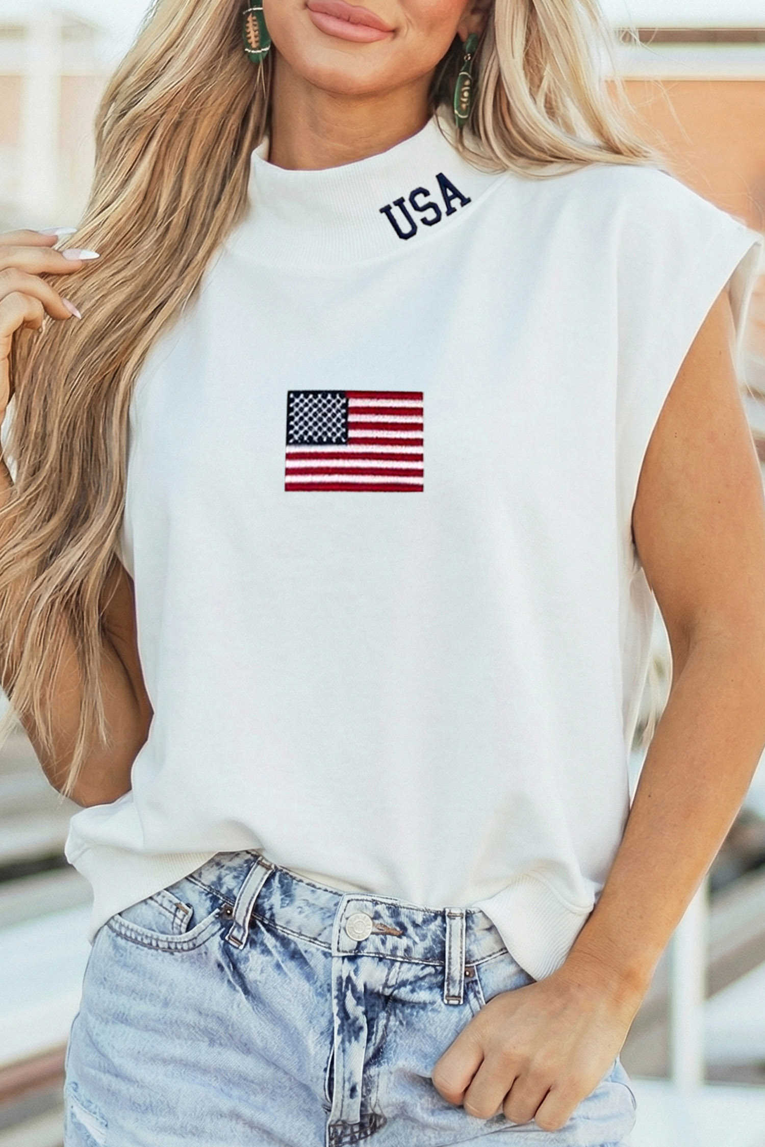 White USA Flag Embroidered High Neck Cap Sleeve Top