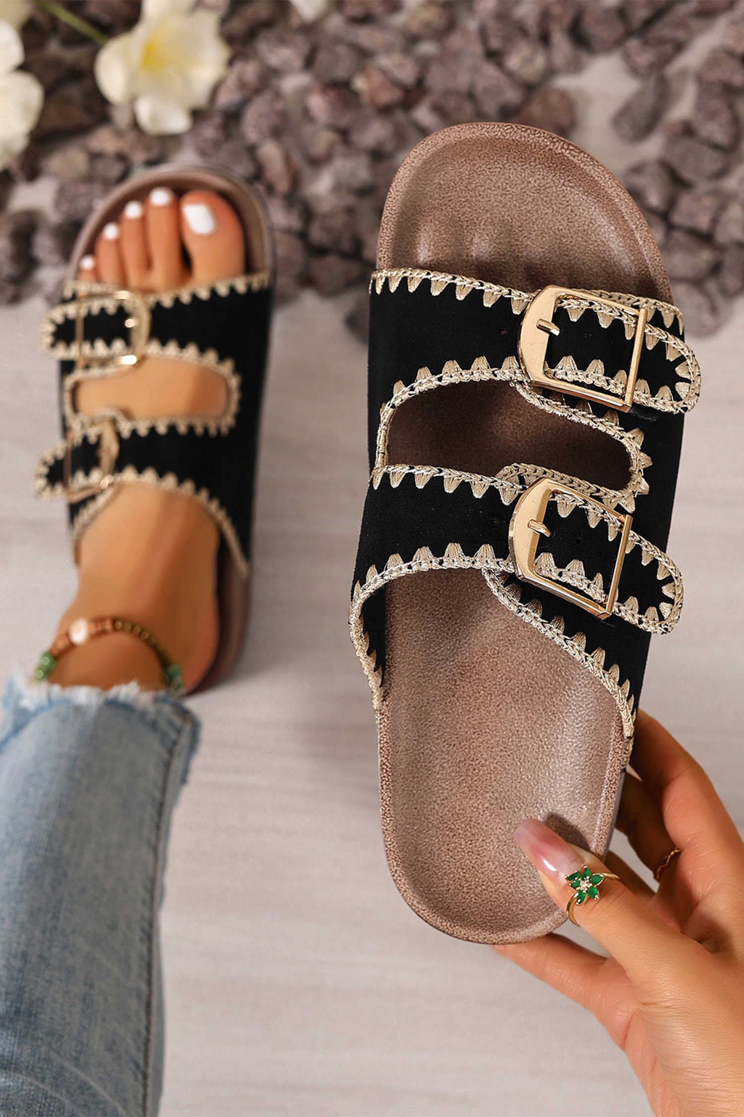 Black Embroidered Trim Retro Buckle Faux Suede Slippers