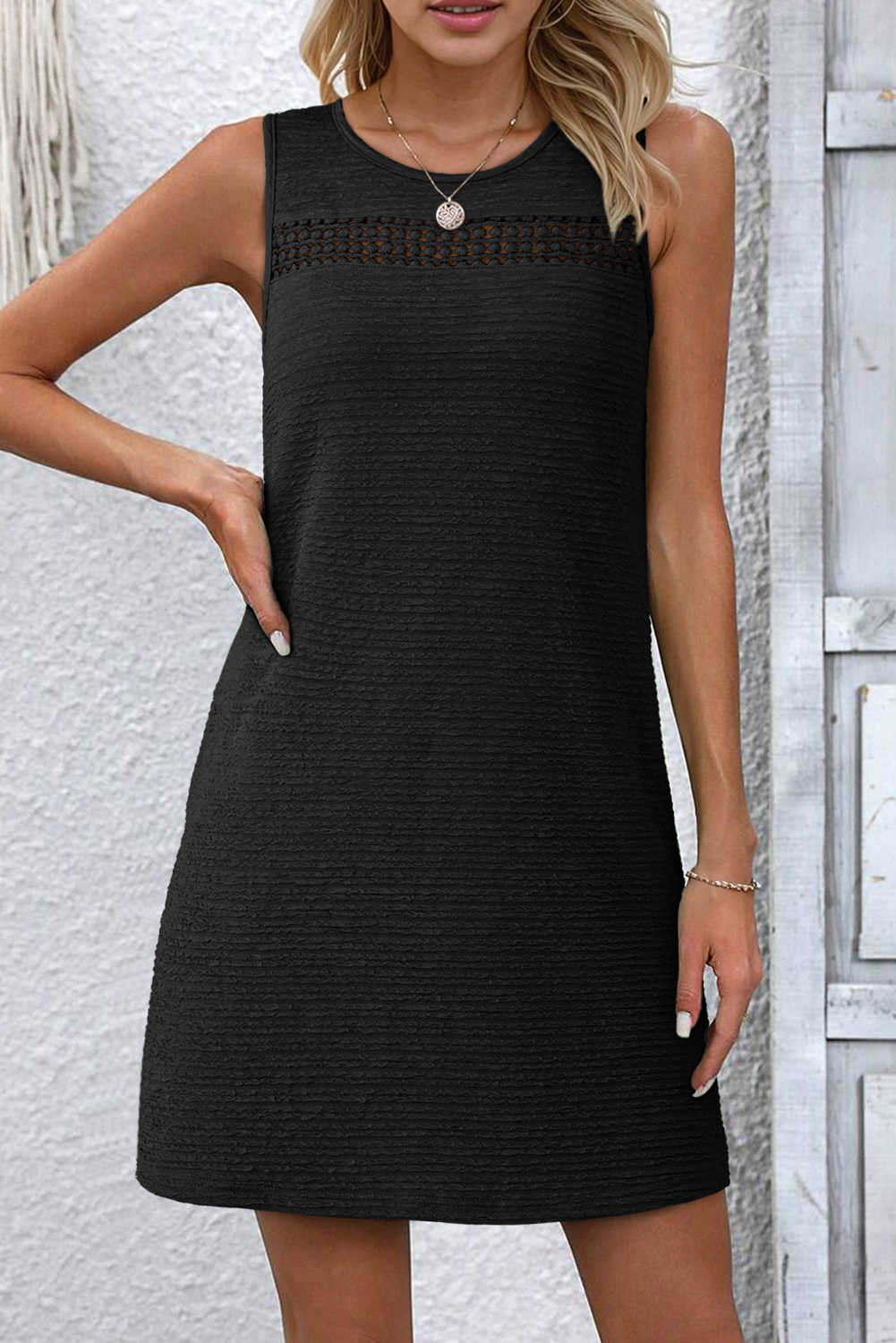 Black Solid Color Textured Lace Hollowed Detail Sleeveless Mini Dress