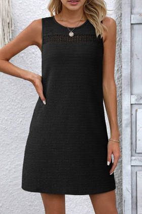 Black Solid Color Textured Lace Hollowed Detail Sleeveless Mini Dress