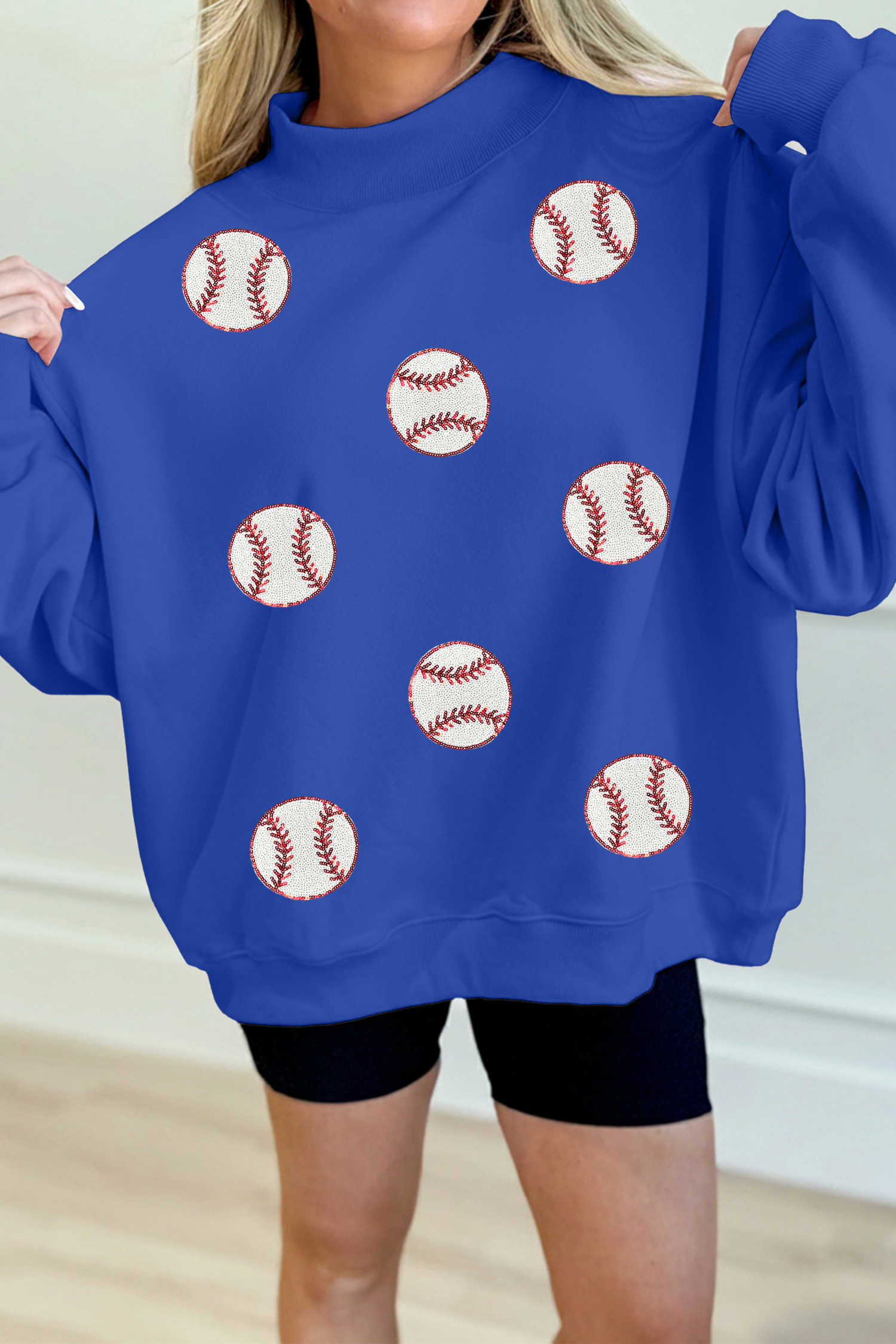 Dark Blue Sequin Baseball Patched Game Day Mock Neck Sweatshirt