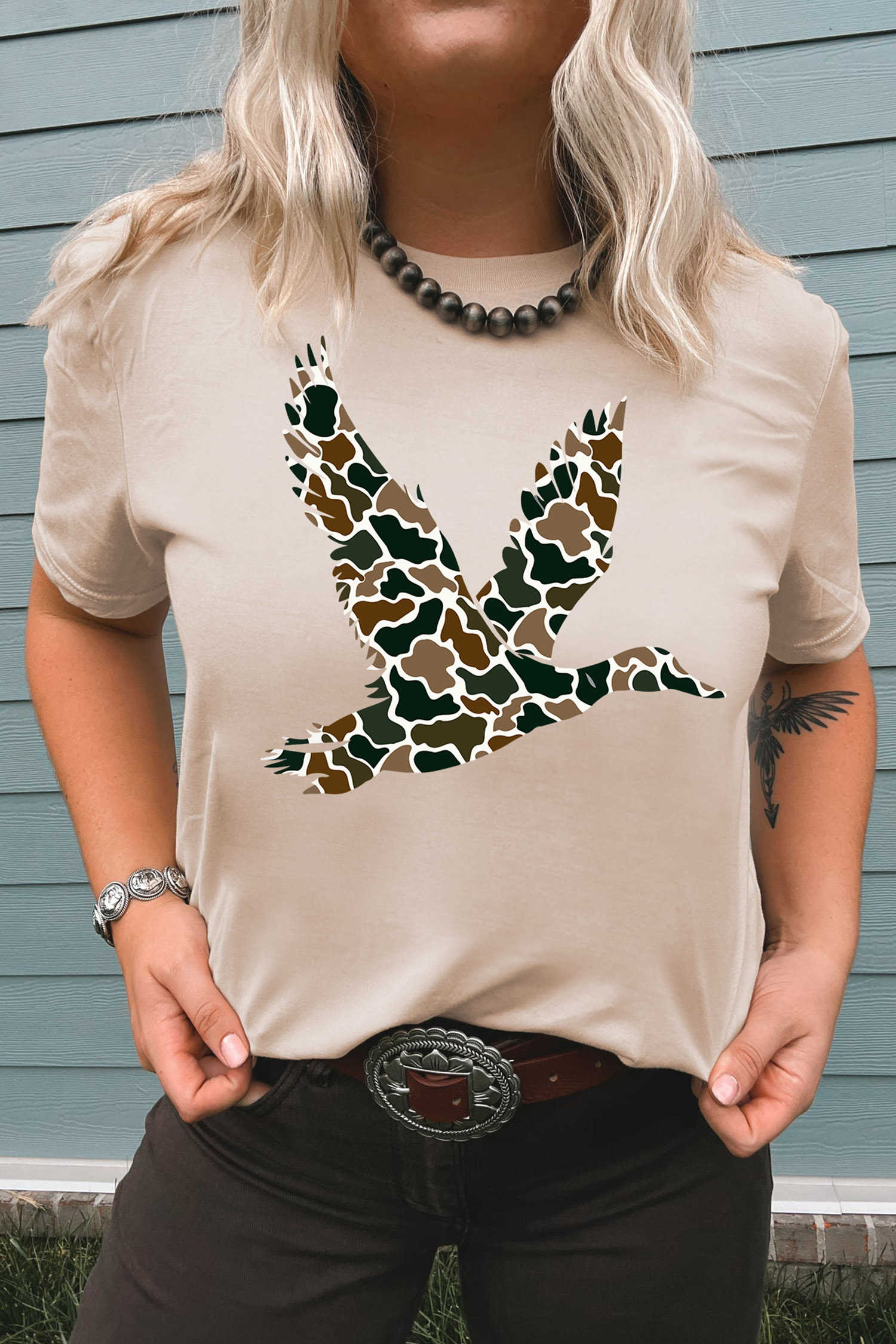 Khaki Camo Flying Mallard Print Summer Casual Tee