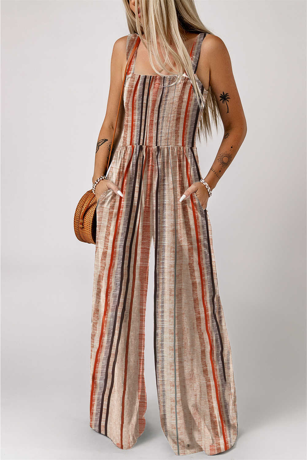 Yellow Stripe Square Neck Sleeveless Smocked Bodice Wide Leg Jumpsuit