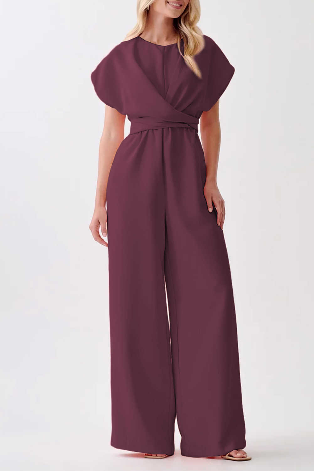 Burgundy Solid Color Cap Sleeve Knot Waist Shift Jumpsuit