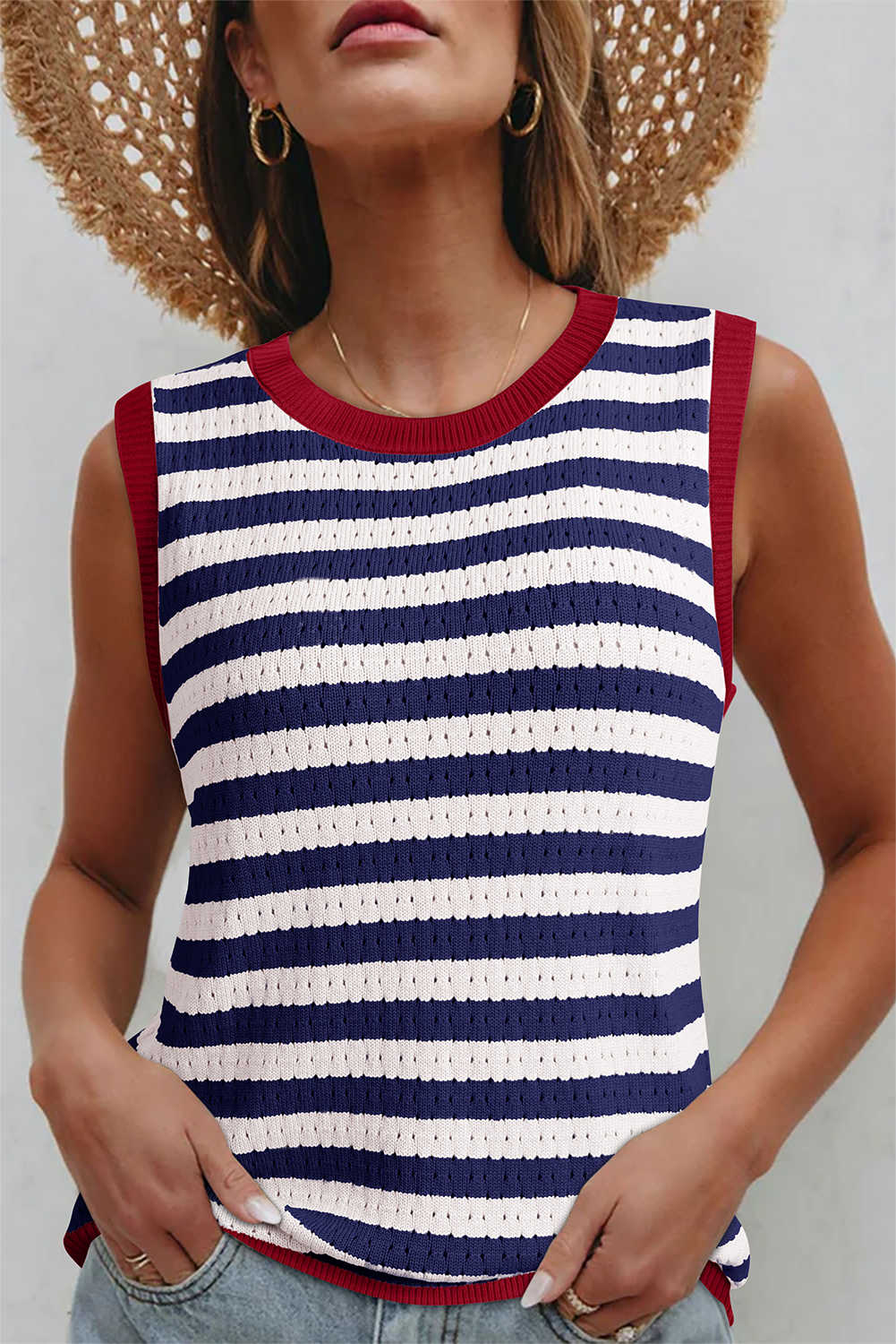 Navy Stripe Pointelle Knit Contrast Trim Sleeveless Sweater Top