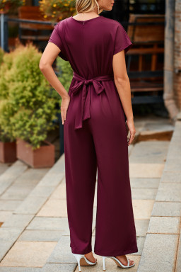 Burgundy Solid Color Cap Sleeve Knot Waist Shift Jumpsuit